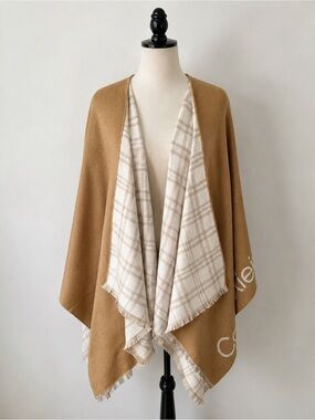 Calvin Klein Reversible Ruana Poncho Wrap Camel Beige Plaid One Size Tall